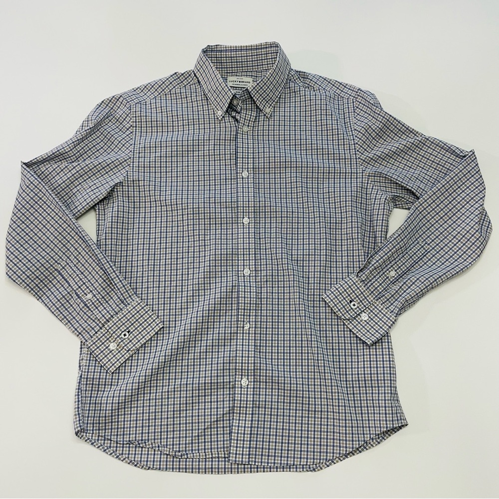 Lucky Brand Slim Fit Shirt Blue Tan Stripe Button Down Mens M Office Funeral